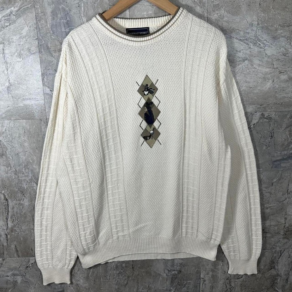 VTG Textured Cotton Golf Embroidered Sweater Ivory Chunky Knit Cotton Adult M - Picture 1 of 7